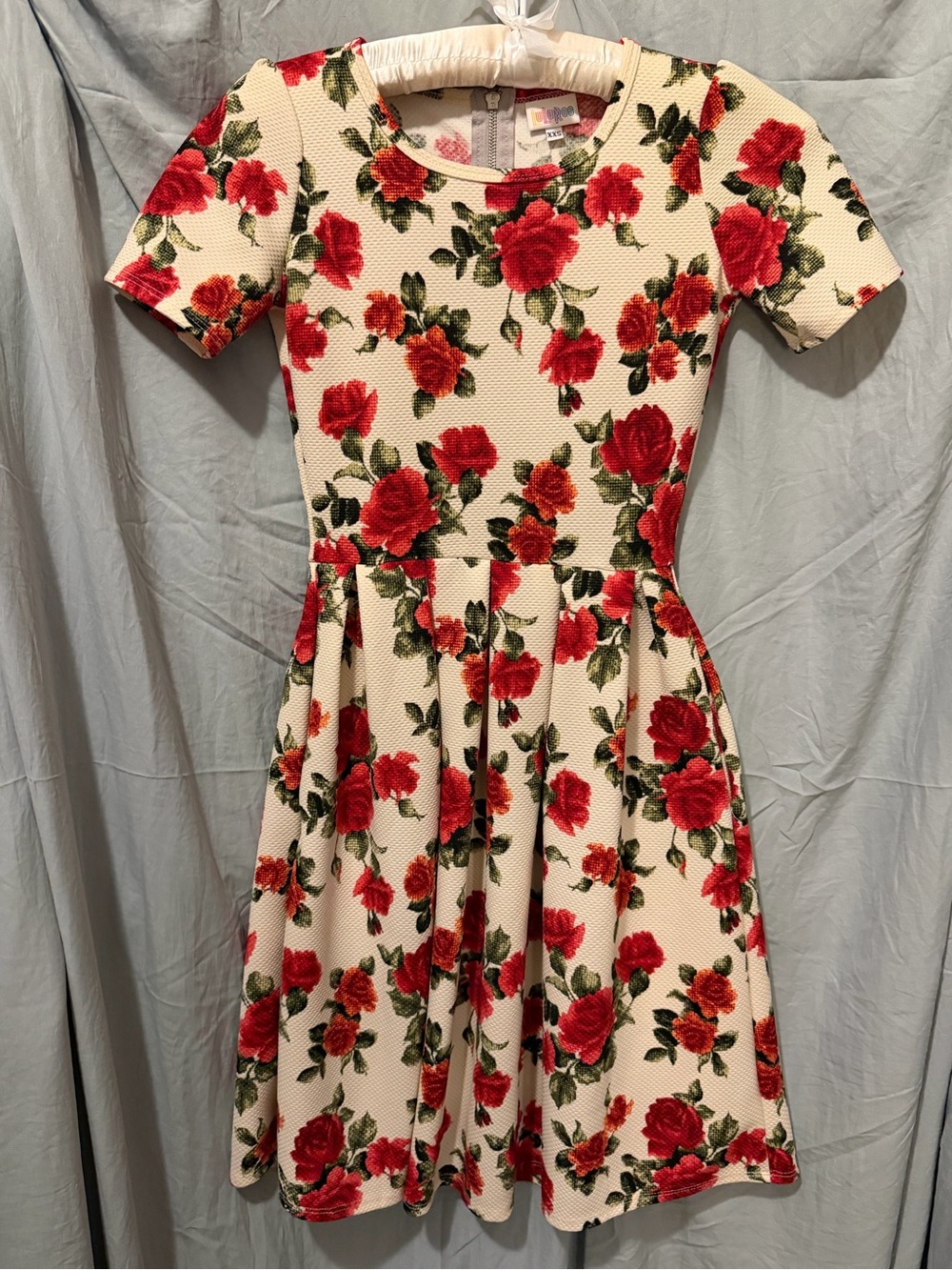 LuLaRoe Cream Dress with Red Rose Print